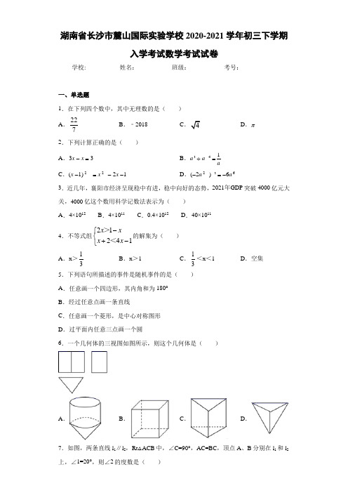 湖南省长沙市麓山国际实验学校2020-2021学年初三下学期入学考试数学考试试卷