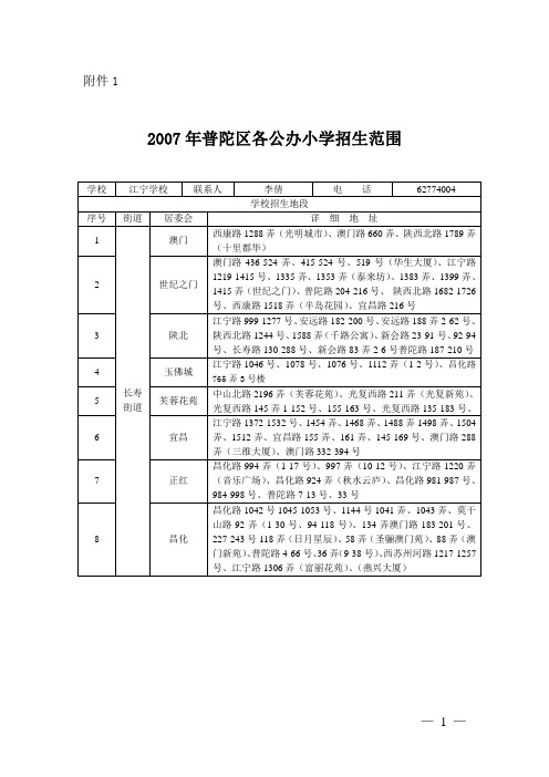 上海普陀区各公办小学招生范围