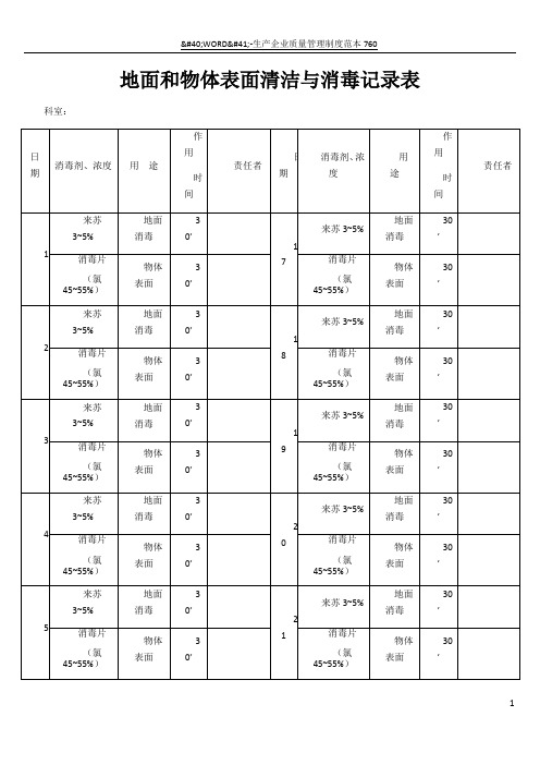 地面和物体表面清洁与消毒记录表