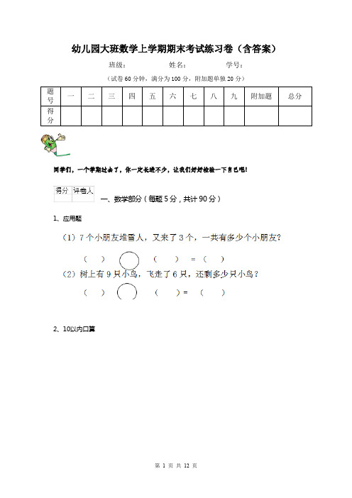 幼儿园大班数学上学期期末考试练习卷(含答案)