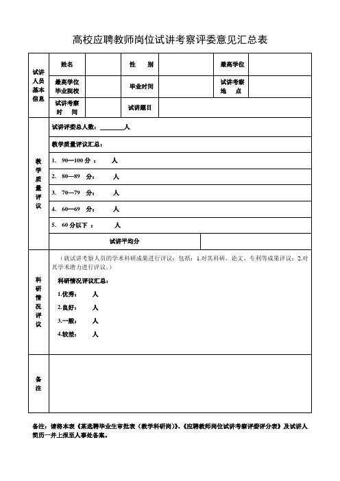 高校应聘教师岗位试讲考察评委意见汇总表