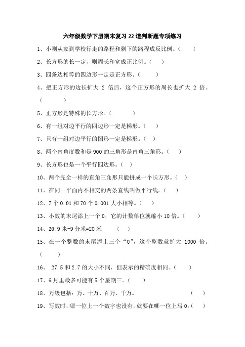 六年级数学下册期末复习22道判断题专项练习