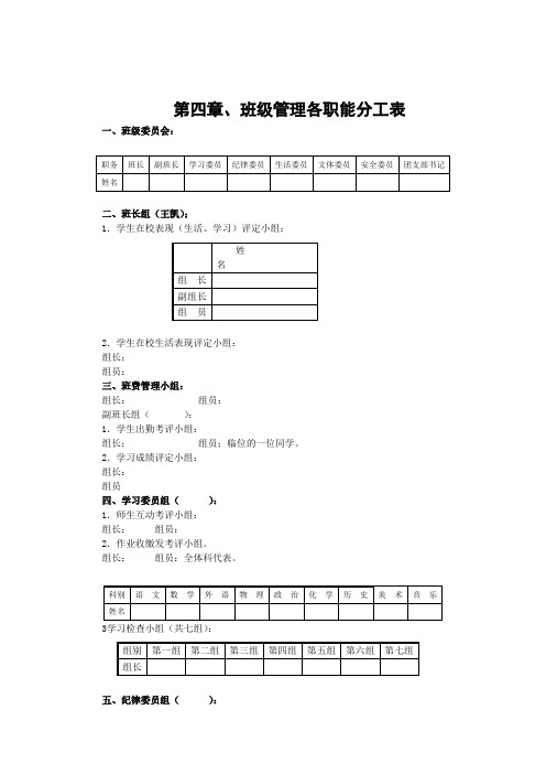 第四章 班级管理各职能分工表