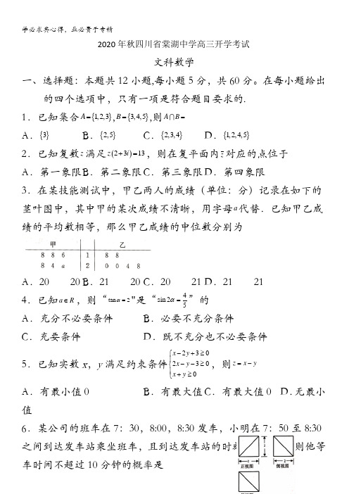 四川省棠湖中学2021届高三上学期开学考试数学(文)试题含答案