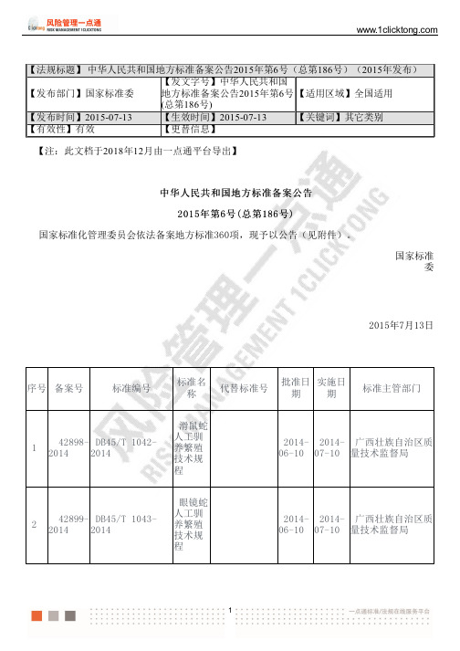 中华人民共和国地方标准备案公告2015年第6号(总第186号)(2015年发布)