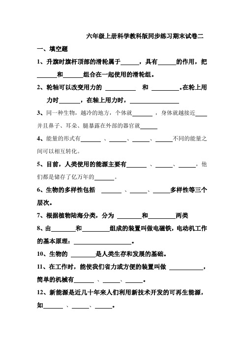 六年级上册科学教科版同步练习期末试卷二