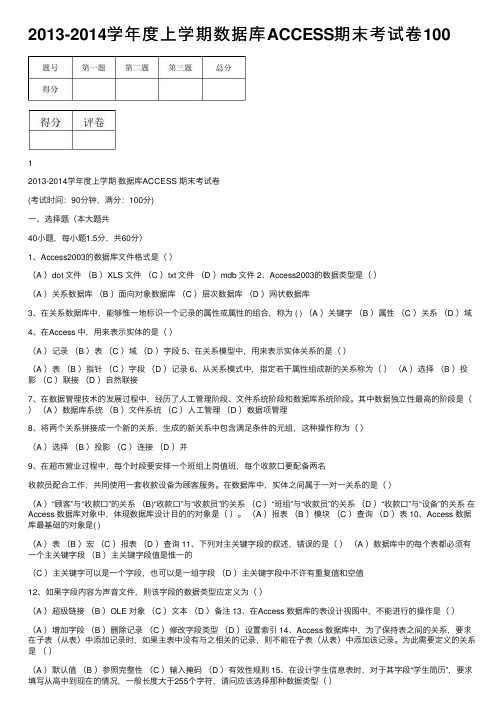 2013-2014学年度上学期数据库ACCESS期末考试卷100