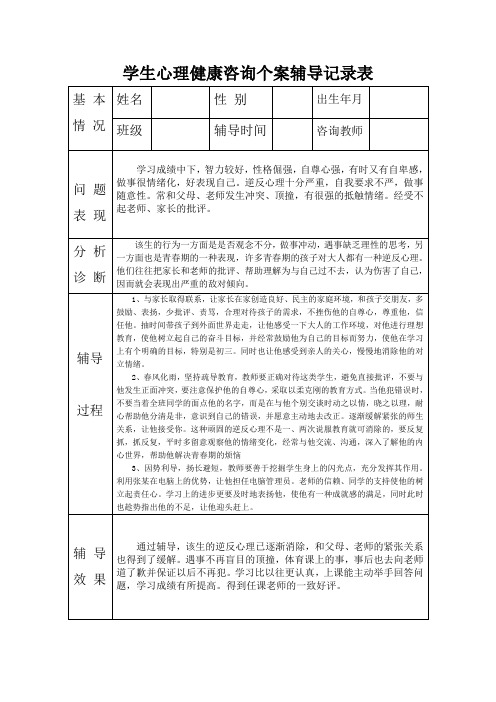 学生心理健康咨询个案辅导记录表1