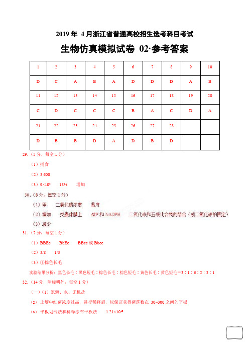 2019年4月浙江省普通高校招生选考科目考试生物仿真模拟试题 02(参考答案)