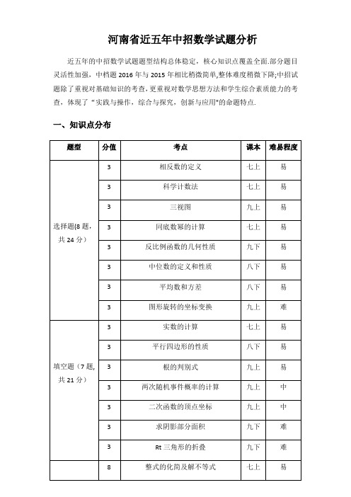 河南省近五年中招数学试题分析