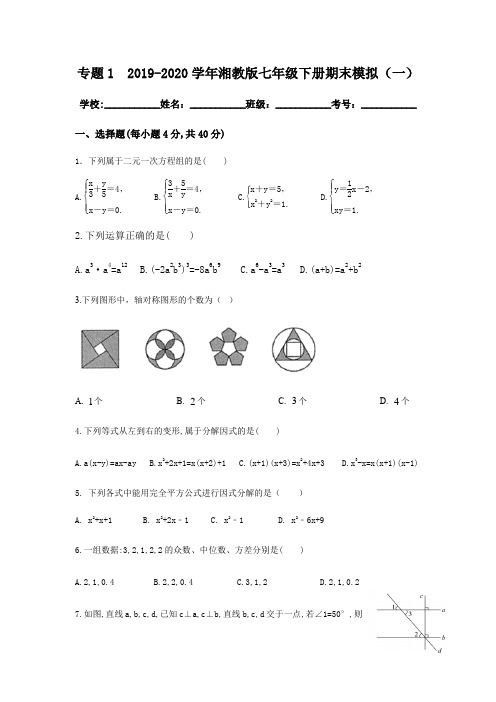 2019-2020学年湘教版七年级数学下册(专题一)期末模拟(一)