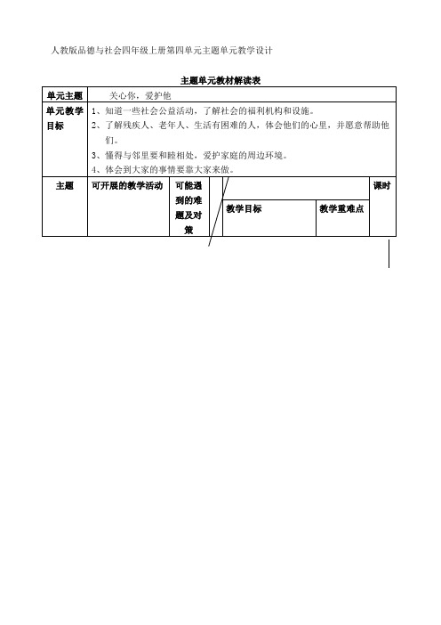 人教版品德与社会四年级上册第四单元主题单元教学设计