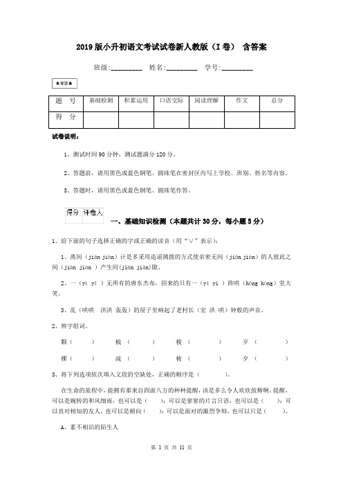 2019版小升初语文考试试卷新人教版(I卷) 含答案