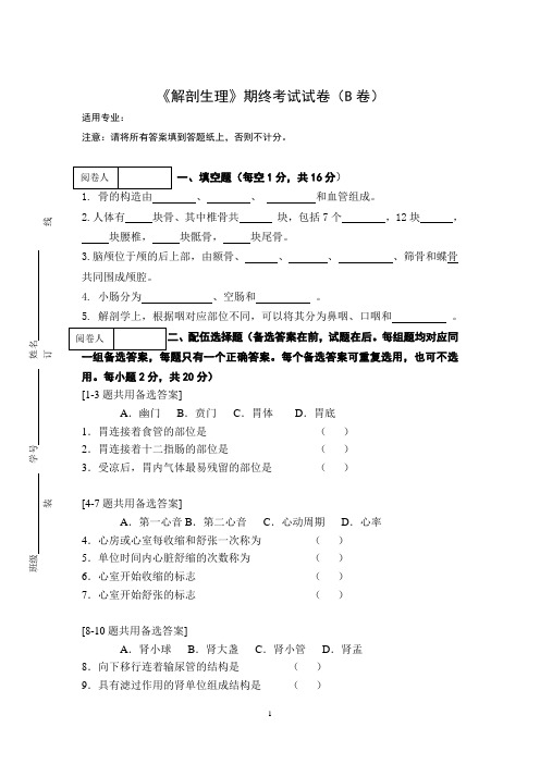 《解剖生理》期终考试试卷(B卷)