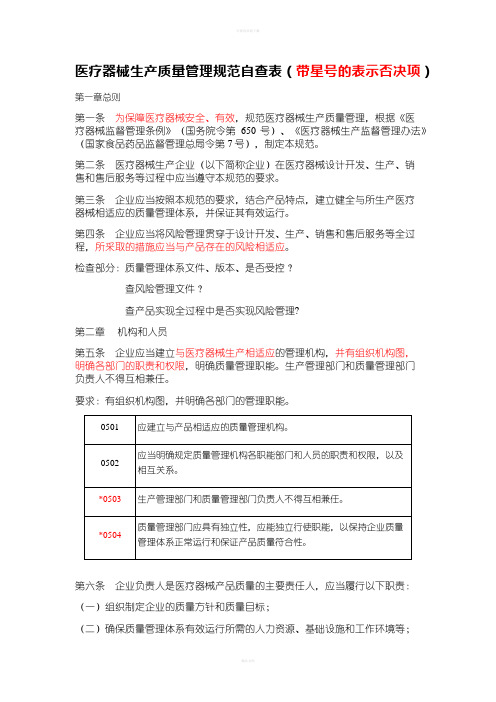 2015新版医疗器械生产质量管理规范自查表