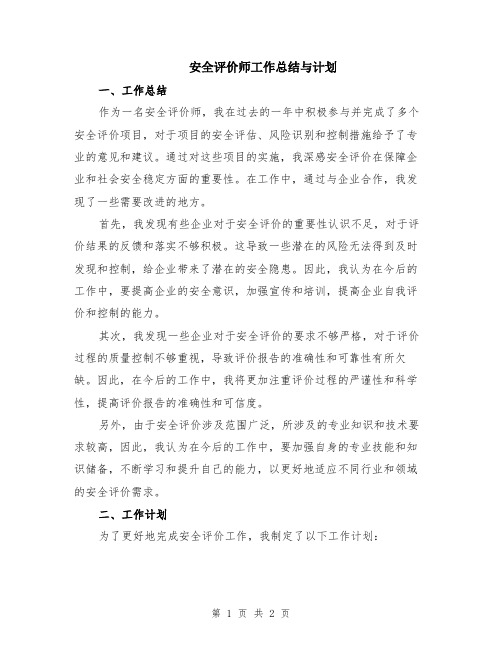 安全评价师工作总结与计划