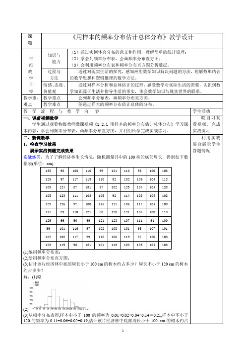 高一数学 必修二《用样本的频率分布估计总体分布》教学设计