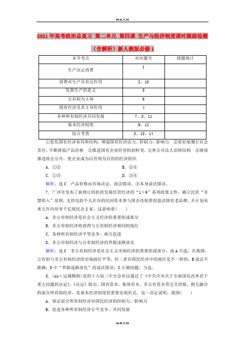 2021年高考政治总复习 第二单元 第四课 生产与经济制度课时跟踪检测(含解析)新人教版必修1