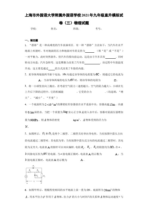 上海市外国语大学附属外国语学校2021届九年级直升模拟试卷(三)物理试题