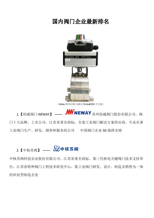 国内阀门企业最新排名