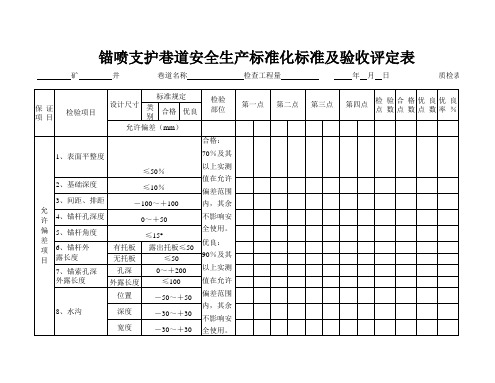 锚喷支护巷道安全生产标准化标准及验收评定表