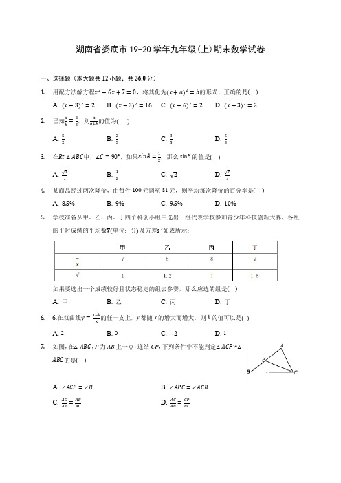 湖南省娄底市19-20学年九年级(上)期末数学试卷 (含答案解析)