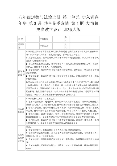 八年级道德与法治上册第一单元步入青春年华第3课共享花季友情第2框友情价更高教学设计北师大版