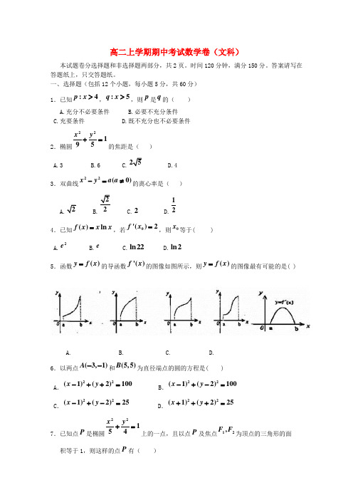 黑龙江省双鸭山一中高二数学上学期期中试题 文(无答案)