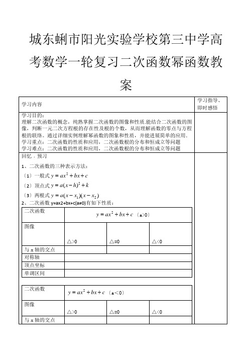 第三高考数学一轮复习 二次函数幂函数教案