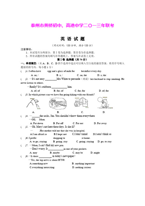 江苏省泰州市黄桥初中、高港中学2013届九年级4月联考(期中)英语试题