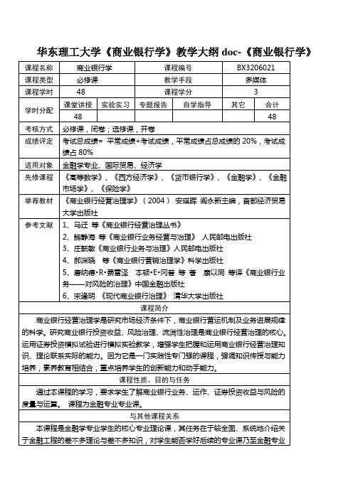 华东理工大学《商业银行学》教学大纲doc-《商业银行学》