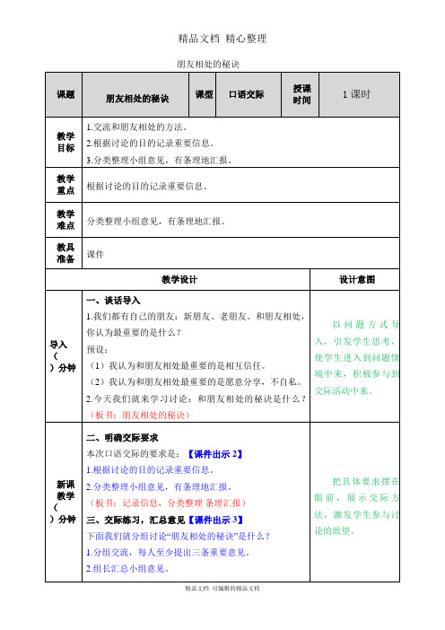 部编人教版四年级下册语文 口语交际：朋友相处的秘诀 教学教案