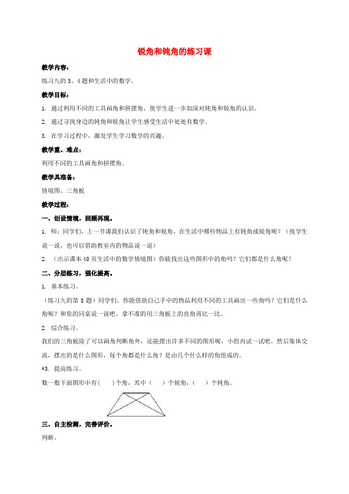 二年级数学下册 锐角和钝角的练习课教案 人教新课标版