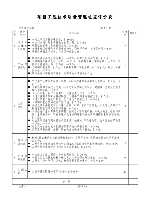 项目技术质量检查打分记录表