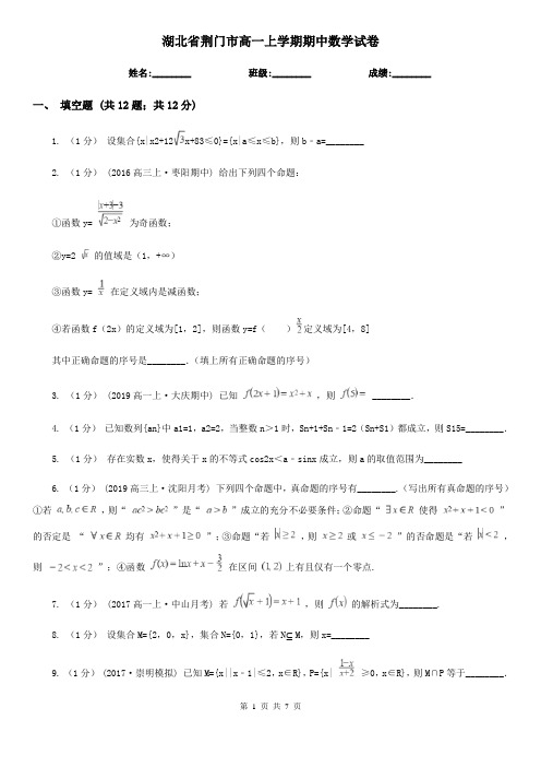 湖北省荆门市高一上学期期中数学试卷