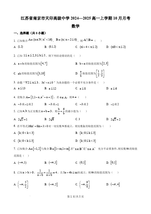 南京市天印高级中学2024-2025学年高一上学期10月月考数学试题