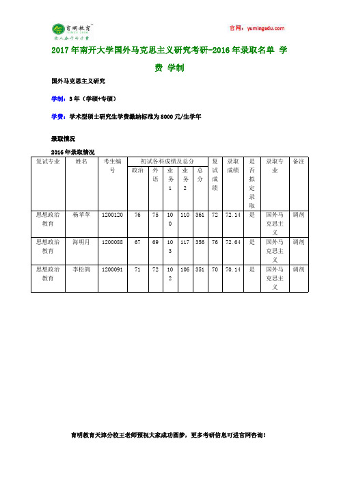 2017年南开大学国外马克思主义研究考研-2016年录取名单 学费 学制