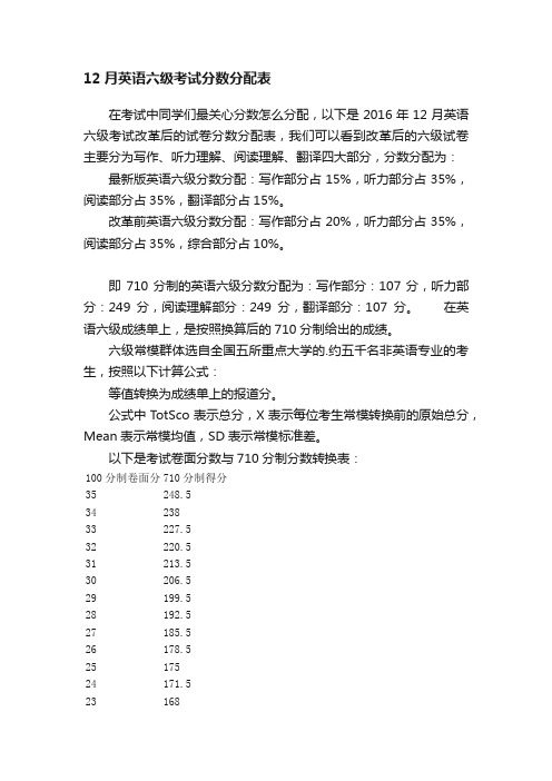 12月英语六级考试分数分配表