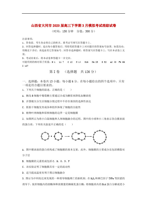 山西省大同市2020届高三下学期3月模拟考试理综试卷