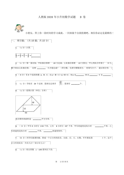 人教版2020年小升初数学试题D卷