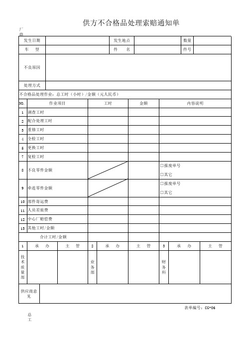 供方不合格品处理索赔通知单