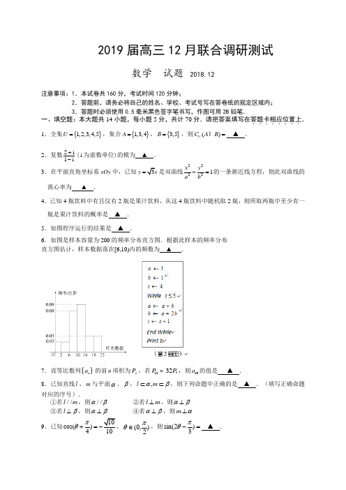 江苏省南京市13校2019届高三12月联合调研测试数学试题(WORD版)