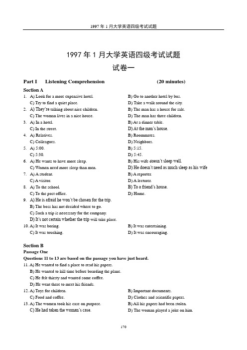 1997年1月大学英语四级考试试题及答案