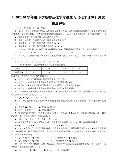 20202020学年度下学期初三化学专题复习《化学计算》测试题及解析