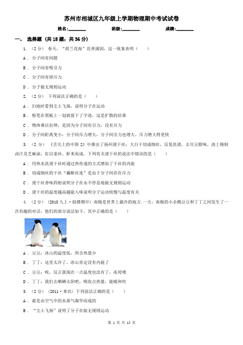 苏州市相城区九年级上学期物理期中考试试卷