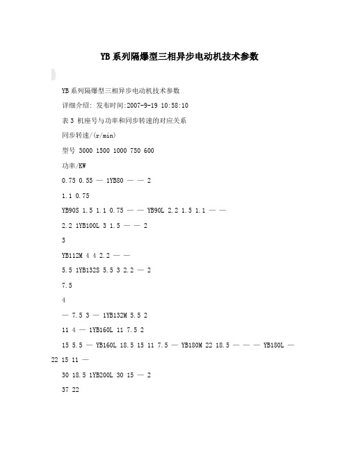 YB系列隔爆型三相异步电动机技术参数