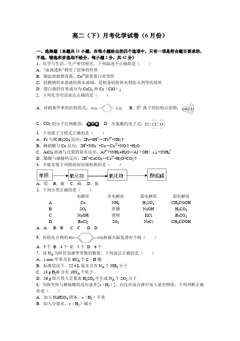 鲁教版高二化学高二(下)月考试卷