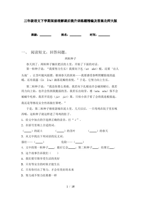 三年级语文下学期阅读理解课后提升训练题精编及答案北师大版