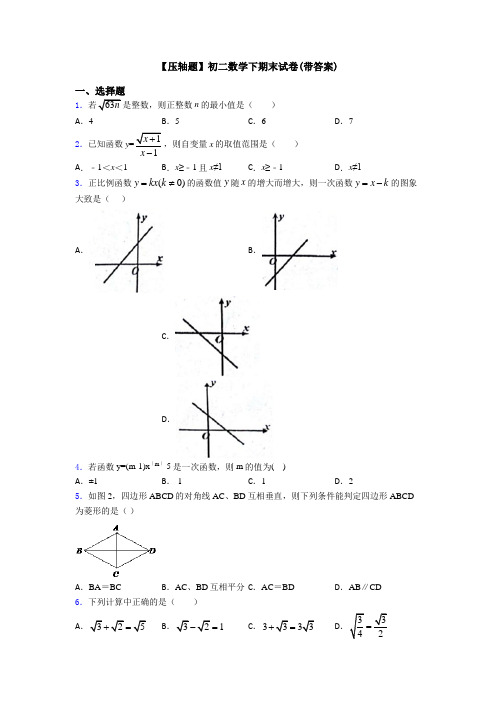 【压轴题】初二数学下期末试卷(带答案)