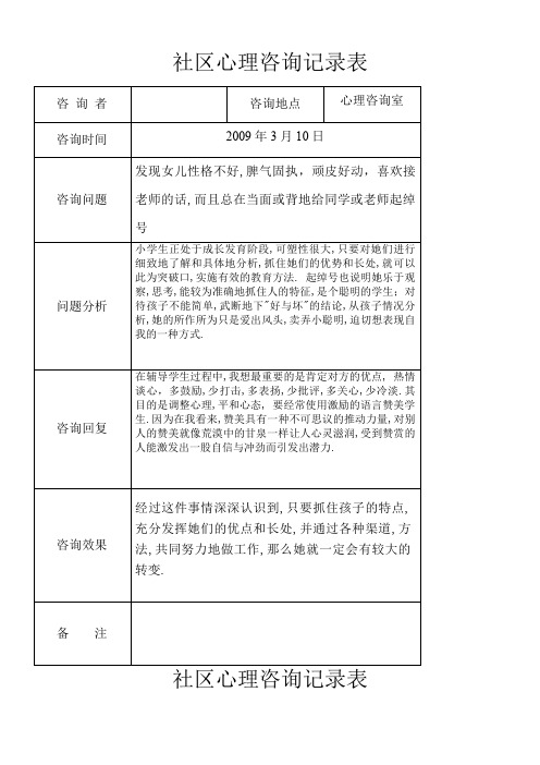 社区未成年人心理咨询记录表